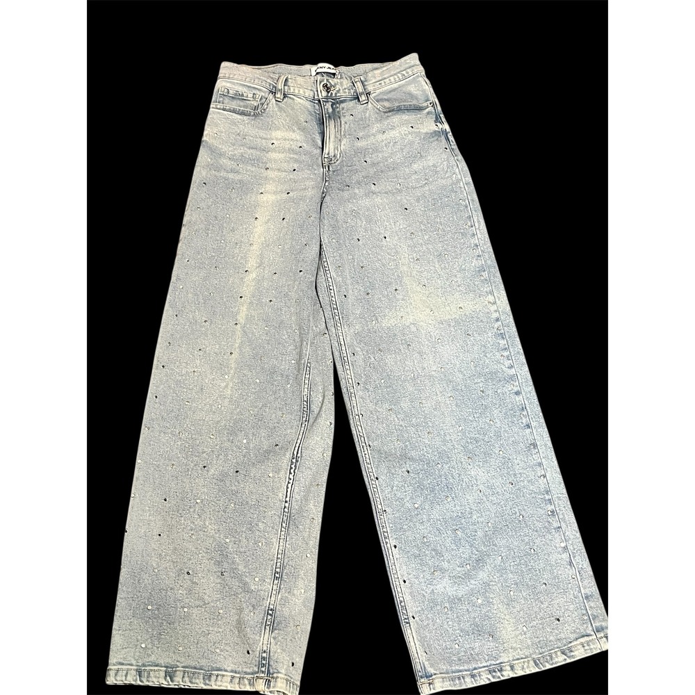DKNY Jeans Womens Size 8 29 Rhinestone Wide Leg High Rise Light Wash Denim Pants